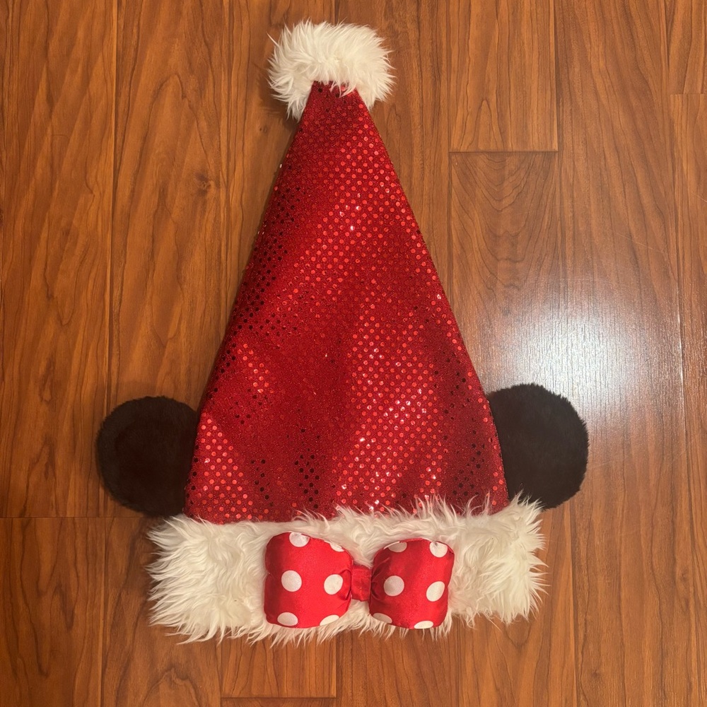 Disney Parks Sequined Santa Hat with Ears and Minnie Mouse Bow Adult Size